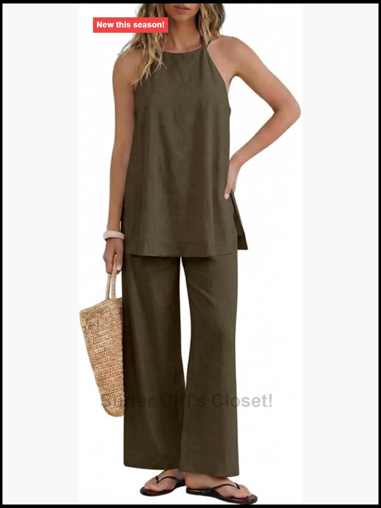 2 Piece Linen Outfits Halter Top Wide Leg Pants Set